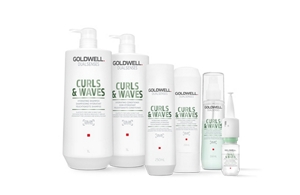 six products of goldwell dualsenses curls & waves in line on a white background