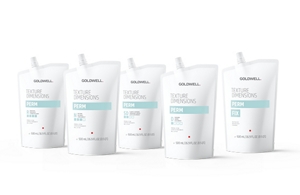 five goldwell texture dimensions perm product packages in a line on a white background