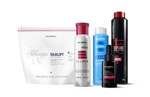 packshot of five Goldwell hair products over white background