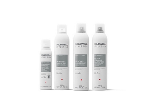 four goldwell stylesign hairspray products lined up horizontally in a row on a white background