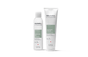 four goldwell stylesign curls products lined up horizontally in a row on a white background