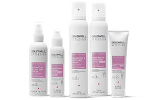 five goldwell stylesign products for heat styling lined up horizontally in a row on a white background