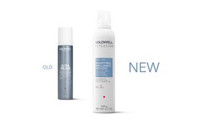 a package of goldwell stylesign glamour whip and bodiying brilliance mousse on a white background