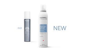 a package of goldwell stylesign top whip and bodiying control mousse on a white background
