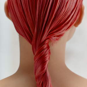  A model's wet, pink hair is twisted in the nape of her neck as a visualisation of the belief that the best things happen when people come together - one of the key tropes of Goldwell's collaborative values