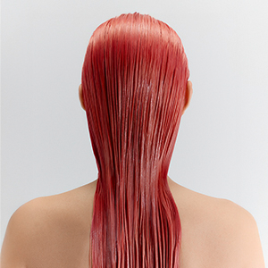 A collage of images showing the Goldwell Color of the Year 2026, Bellini, on real hair, when dry, during the dyeing and when wet.