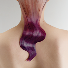 A collage of images showing the Goldwell Velvet Gradients on real hair, when dry, during the dyeing and when wet.