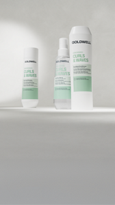 Goldwell Dualsenses Curls and Waves product range displayed on a grey background