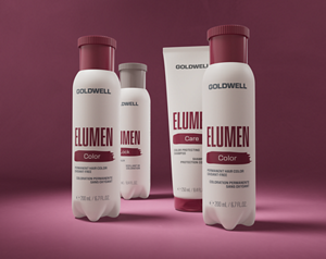 Goldwell Elumen Support and Elumen Care hair bottles displayed on a deep burgundy background.