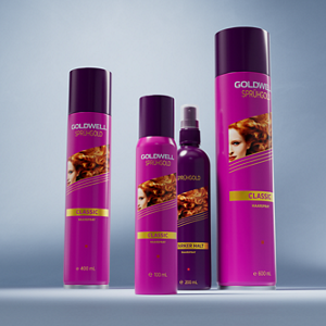 Group shot of Goldwell's Sprüghold range, including aerosol and non-aerosol hairspray