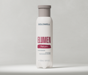 Photo de produit du Goldwell Elumen Return montrant un flacon blanc d'Elumen Return posé sur un fond de studio gris clair.