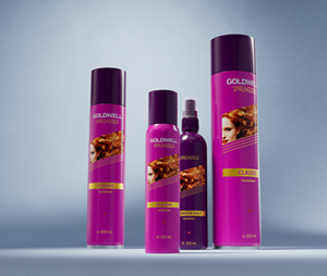 Group shot of Goldwell's Sprüghold Hair Styling range, including the Classic and Non-Aerosol hairsprays that offer an environmentally conscious yet lasting hair styling option