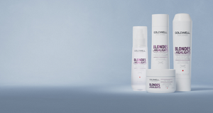 Group shot of Goldwell's Dualsenses Blondes & Highlights range with Luminescine that brings out the color and neutralizes unwanted yellow tones in blond and highlighted hair. Including Anti-Yellow Shampoo, Anti-Yellow Conditioner, Brilliance Serum Spray and 60 Sec Treatment