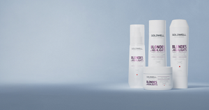 Group shot of Goldwell's Dualsenses Blondes & Highlights range with Luminescine that brings out the color and neutralizes unwanted yellow tones in blond and highlighted hair. Including Anti-Yellow Shampoo, Anti-Yellow Conditioner, Brilliance Serum Spray and 60 Sec Treatment