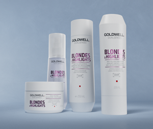 Group shot of Goldwell's Dualsenses Blondes & Highlights range with Luminescine that brings out the color and neutralizes unwanted yellow tones in blond and highlighted hair. Including Anti-Yellow Shampoo, Anti-Yellow Conditioner, Brilliance Serum Spray and 60 Sec Treatment