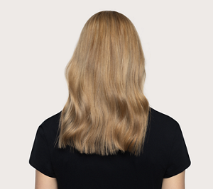 Εικόνα «πριν» της σειράς Goldwell Dualsenses Blondes & Highlights, στην οποία απεικονίζεται ένα άτομο από πίσω με ξανθά μαλλιά μέχρι τους ώμους και μαύρο τοπ, με φόντο ένα ουδέτερο φόντο στούντιο.