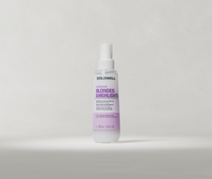Φιάλη Goldwell Dualsenses Blondes & Highlights Serum Spray 150 ml, τοποθετημένη σε όρθια θέση πάνω σε ένα απαλό ανοιχτό γκρι φόντο στούντιο.