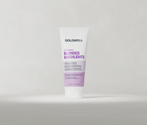  Goldwell Dualsenses Blondes & Highlights Toning Conditioner, σε σωληνάριο των 200 ml, τοποθετημένο σε όρθια θέση πάνω σε ένα απαλό, ανοιχτό γκρι φόντο στούντιο.