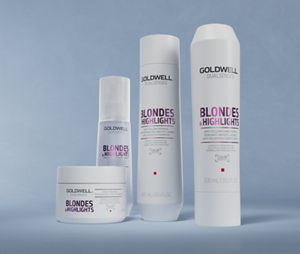 Group shot of Goldwell's Dualsenses Blondes & Highlights range with Luminescine that brings out the color and neutralizes unwanted yellow tones in blond and highlighted hair. Including Anti-Yellow Shampoo, Anti-Yellow Conditioner, Brilliance Serum Spray and 60 Sec Treatment