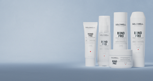 Group shot of Goldwell's Dualsenses BondPro range with Inter-Amino-Bond-Builder that strengthens weak, fragile hair that is prone to breakage. Including the Bond Pro Fortifying Shampoo, Fortifying Conditioner, Repair & Structure Spray, Day & Night Bond booster and 60 Sec Treatment