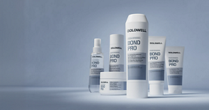 Group shot of Goldwell's Dualsenses BondPro range with Inter-Amino-Bond-Builder that strengthens weak, fragile hair that is prone to breakage. Including the Bond Pro Fortifying Shampoo, Fortifying Conditioner, Repair & Structure Spray, Day & Night Bond booster and 60 Sec Treatment