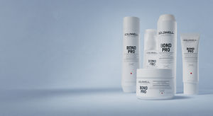 Group shot of Goldwell's Dualsenses BondPro range with Inter-Amino-Bond-Builder that strengthens weak, fragile hair that is prone to breakage. Including the Bond Pro Fortifying Shampoo, Fortifying Conditioner, Repair & Structure Spray, Day & Night Bond booster and 60 Sec Treatment