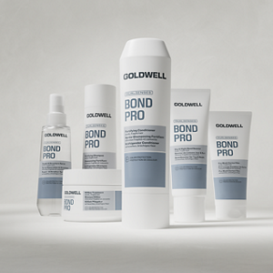 Group shot of Goldwell's Dualsenses Bond Pro range with Inter-Amino-Bond-Builder that strengthens weak, fragile hair that is prone to breakage. Including the Bond Pro Fortifying Shampoo, Fortifying Conditioner, Repair & Structure Spray, Day & Night Bond Booster and 60 Sec Treatment
