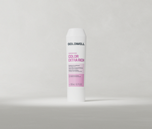 Goldwell Dualsenses Color Extra Rich Conditioner 200 ml tube standing upright on a soft light grey studio background.
