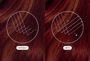 Close-up microscopic comparison of hair with and without Goldwell's Dualsenses Luminsecine technology close-up showing auburn hair with circular overlays comparing hair without and with enhanced luminosity. 
