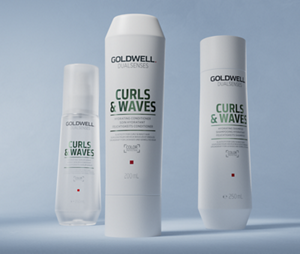 Group shot of Goldwell's Dualsenses Curls & Waves range with Milk Protein to cleanse and hydrate naturally wavy, curly and permed hair. Including Hydrating Shampoo, Hydrating Conditioner and Hydrating Serum Spray