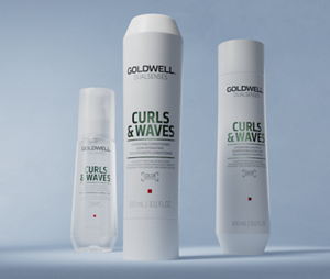 Group shot of Goldwell's Dualsenses Curls & Waves range with Milk Protein to cleanse and hydrate naturally wavy, curly and permed hair. Including Hydrating Shampoo, Hydrating Conditioner and Hydrating Serum Spray