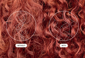Close-up microscopic comparison of hair with and without Goldwell's Dualsenses Hydrolized Starch and Glycerin technology close-up showing brunette hair with circular overlays comparing hair without and with visibly healthier looking curls