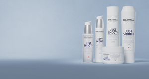 Group shot of the StyleSign Smooth Product Range from Goldwell, including Air-Dry BB Cream, Weightless Shine-Oil and Shine Spray for sleek smoothness and shine for all hair types.