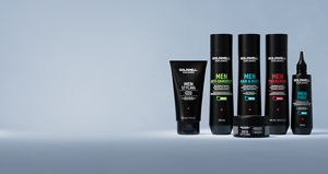 Group shot of Goldwell's Dualsenses Men's range with Guarana, Caffeine and Instant Microfluid Technology to create healthy, strong hair with more vitality. Including Hair & Body Shampoo, Thickening Shampoo, Anti-Dandruff Shampoo, Activating Scalp Tonic, Power Gel and Texture Cream Paste