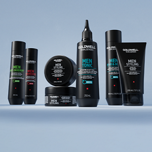 Group shot of Goldwell's Dualsenses Men's range with Guarana, Caffeine and Instant Microfluid Technology to create healthy, strong hair with more vitality. Including Hair & Body Shampoo, Thickening Shampoo, Anti-Dandruff Shampoo, Activating Scalp Tonic, Power Gel and Texture Cream Paste