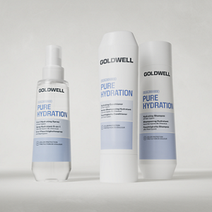 Goldwell Dualsenses Pure Hydration haircare products shown as three white and blue bottles on a soft light grey studio background.