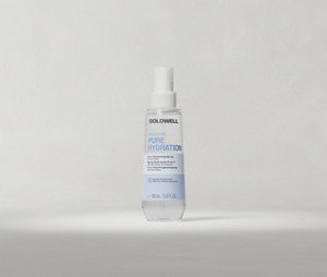 Goldwell Dualsenses Pure Hydration Serum Spray 150 ml bottle standing upright on a soft light grey studio background.