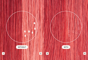Close-up microscopic comparison of hair with and without Goldwell's Dualsenses Fade Stop Formula, showing how the technology preserves colour pigments within the hair fibre to prevent fading