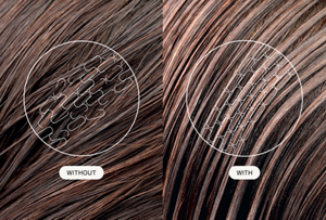 Close-up microscopic comparison of hair with and without Goldwell's Dualsenses Instant Smart Care technology, showing how the formula instantly smooths and repairs the hair surface for visibly healthier-looking results