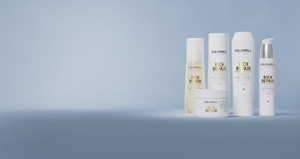 Group shot of Goldwell's Dualsenses Rich Repair range with IntraLipid that nourishes and restores dry to damaged hair. Including Restoring Shampoo, Restoring Conditioner, Restoring Serum Spray, 6 Effects Serum and 60 Sec Treatment