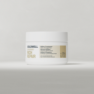 Goldwell Dualsenses Rich Repair 60 Second Treatment jar shown on its side on a soft light grey studio background.
