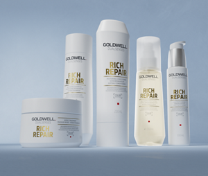 Group shot of Goldwell's Dualsenses Rich Repair range with IntraLipid that nourishes and restores dry to damaged hair. Including Restoring Shampoo, Restoring Conditioner, Restoring Serum Spray, 6 Effects Serum and 60 Sec Treatment 
