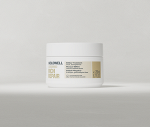 Goldwell Dualsenses Rich Repair 60 Second Treatment jar shown on its side on a soft light grey studio background.