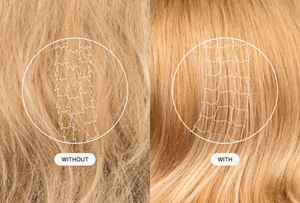 Close-up microscopic comparison of hair with and without Goldwell's Dualsenses Intralipid technology, showing blonde hair with circular overlays comparing hair without and with repair treatment.