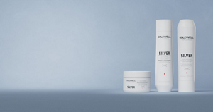 Group shot of Goldwell's Dualsenses Silver range with Luminescine that refines the color and neutralizes unwanted yellow tones in gray and cool blond hair. Including Silver Shampoo, Silver Conditioner and Silver 60 Sec Treatment