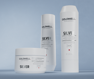 Group shot of Goldwell's Dualsenses Silver range with Luminescine that refines the color and neutralizes unwanted yellow tones in gray and cool blond hair. Including Silver Shampoo, Silver Conditioner and Silver 60 Sec Treatment