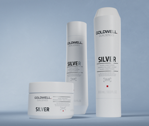 Group shot of Goldwell's Dualsenses Silver range with Luminescine that refines the color and neutralizes unwanted yellow tones in gray and cool blond hair. Including Silver Shampoo, Silver Conditioner and Silver 60 Sec Treatment
