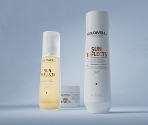 Group shot of Goldwell's Dualsenses Sun Reflects range with UV filters to protect hair from the sun, pool and seawater. Including After Sun Shampoo, UV Protect Spray and After Sun 60 Sec Treatment