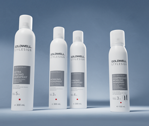 Groupshot of the stylesign hairspray Product Range by Goldwell.