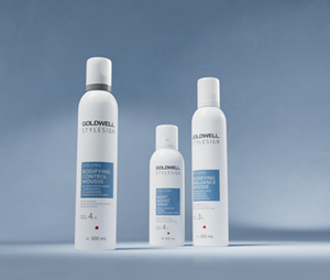 Group shot of the StyleSign Volume Product Range from Goldwell, including Bodifying Control Mousse, Root Boost Spray and Bodifying Brilliance Mousse for voluptuous body and bounce.